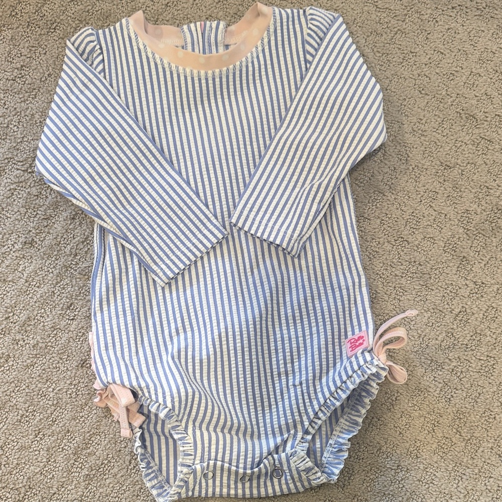 Ruffle Butts Blue and White Striped Kids Swim One Piece